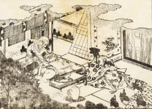 Una anciana, quizás una monja budista, se sienta y una joven le lee algo de Katsushika Hokusai